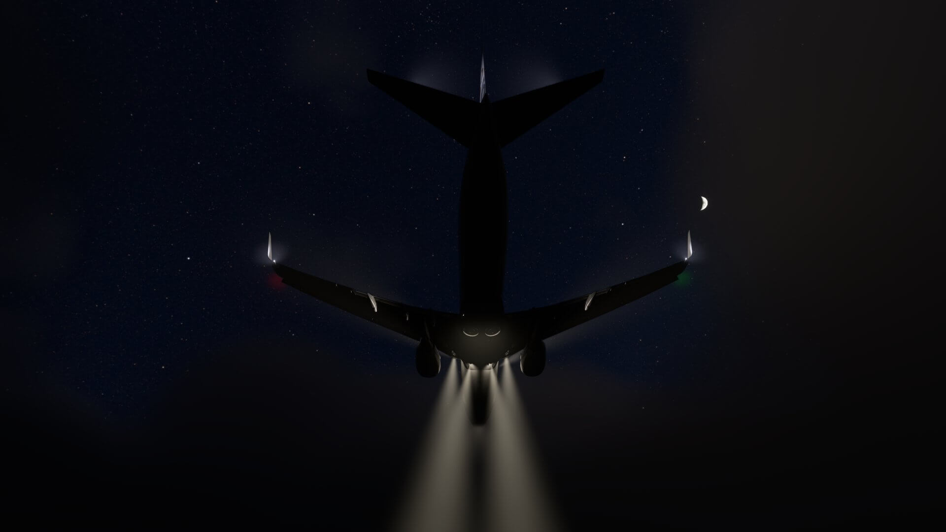 An airliner with landing lights on comes into land at night