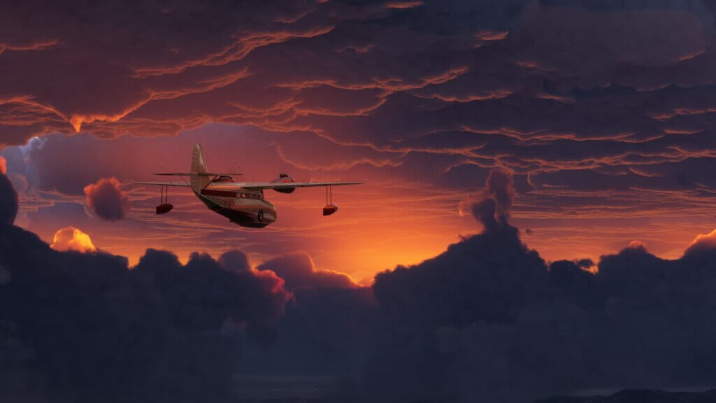 The Spruce Goose flies between two layers of clouds during sunset