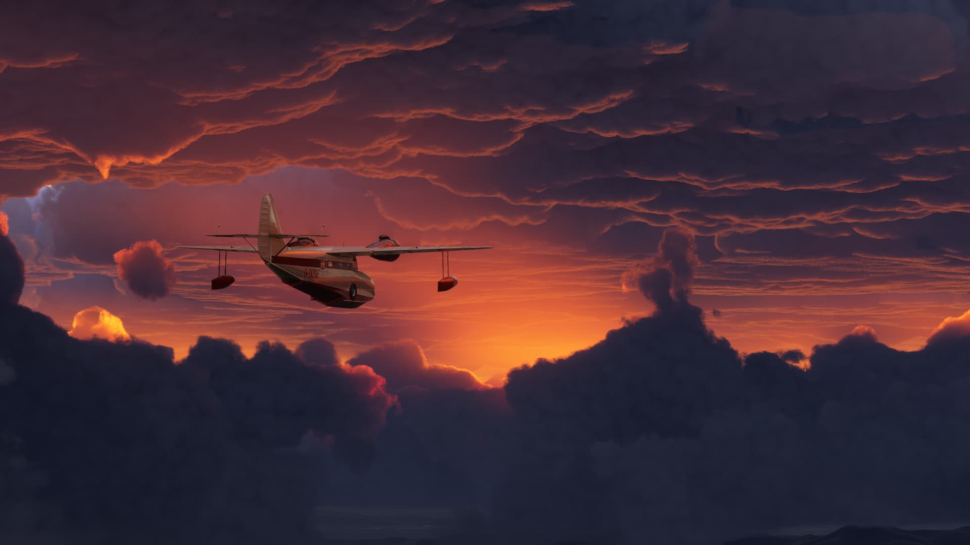 The Spruce Goose flies between two layers of clouds during sunset