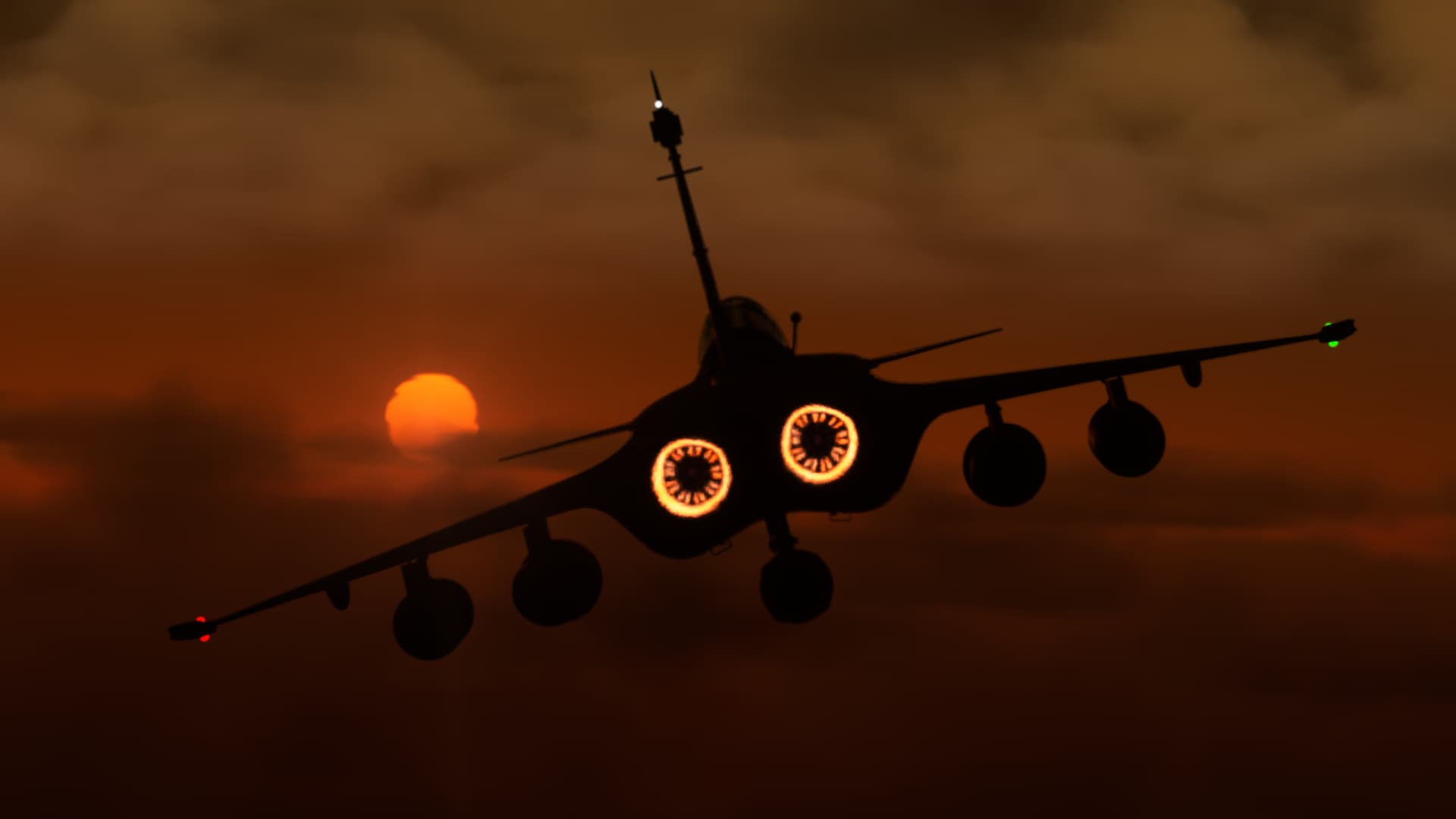 A jet is silhouetted as it flies into a setting sun.