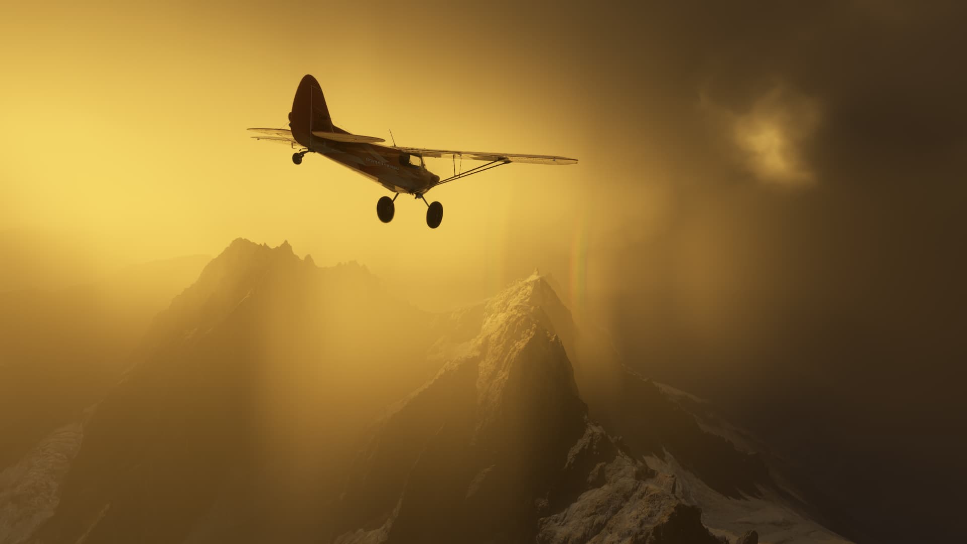 An X-Cub flies towards a snowy mountain and stormy weather
