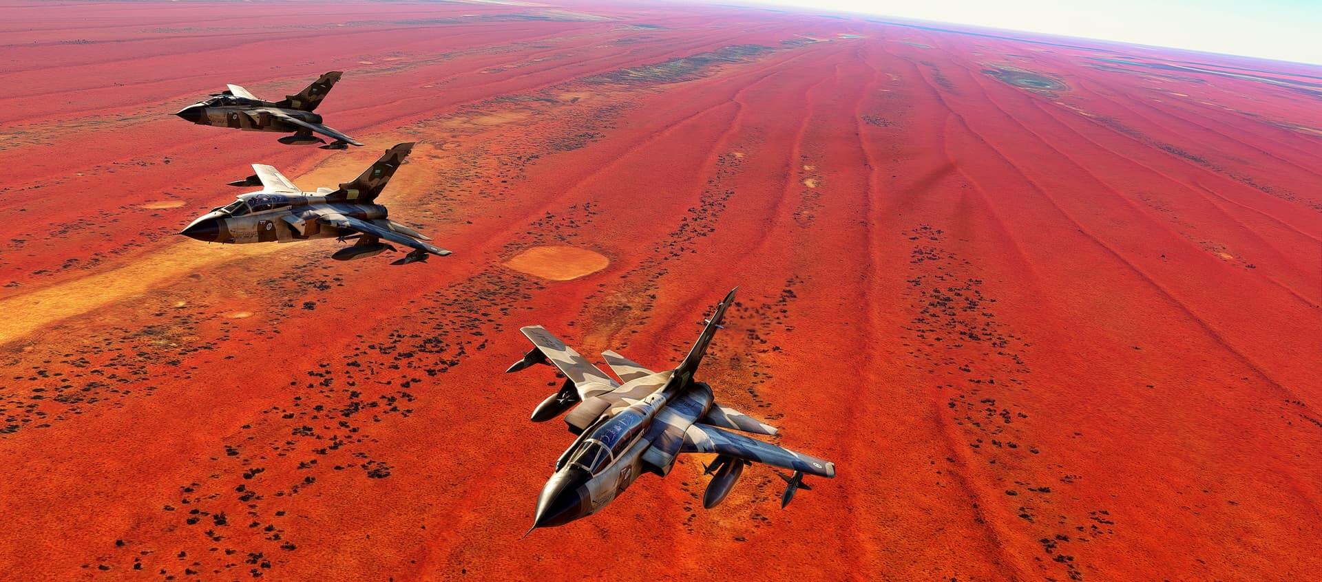 Three jets fly in formation above a bright orange desert.