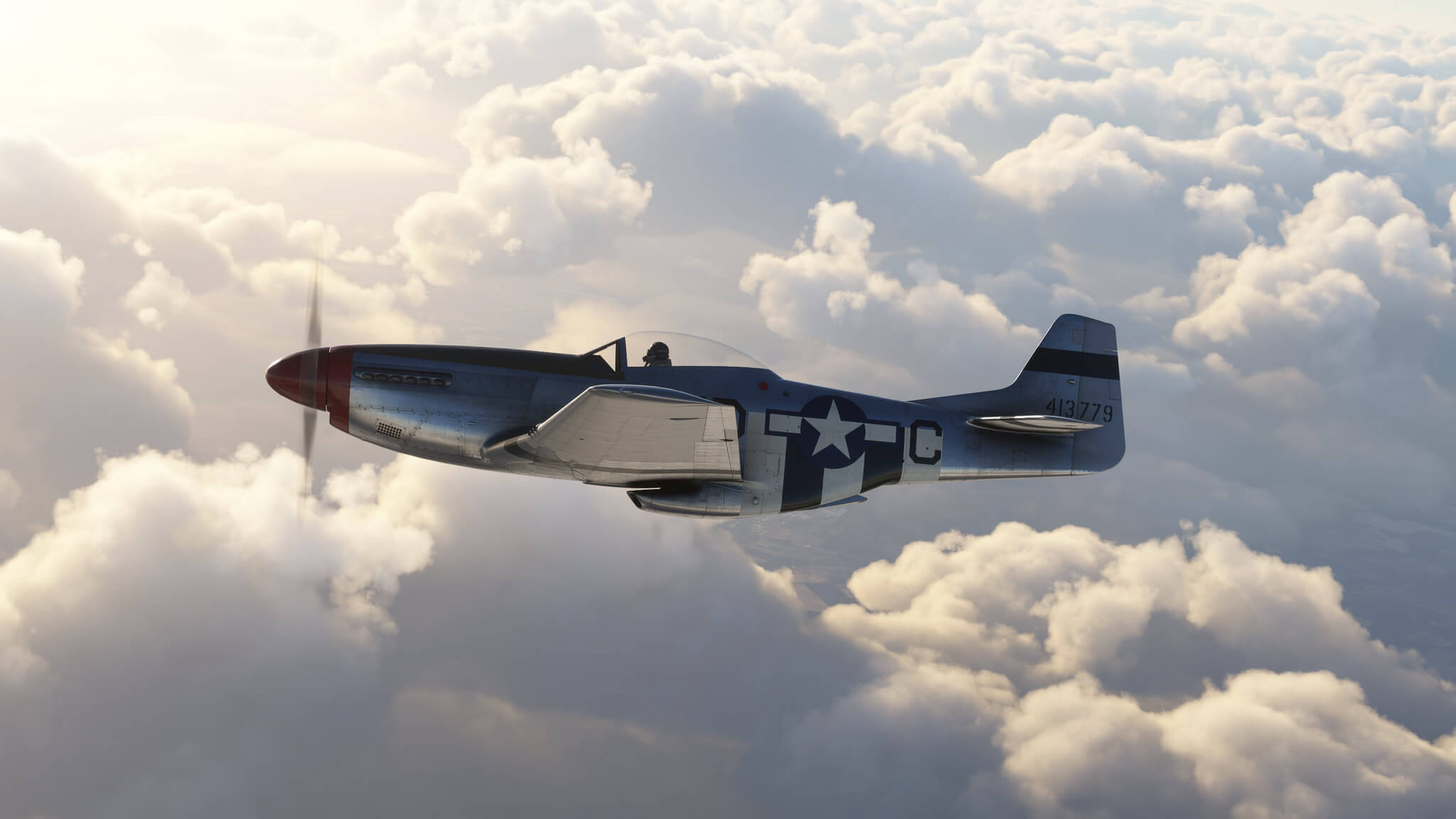 A P-51 Mustang flies high above thick layers of clouds
