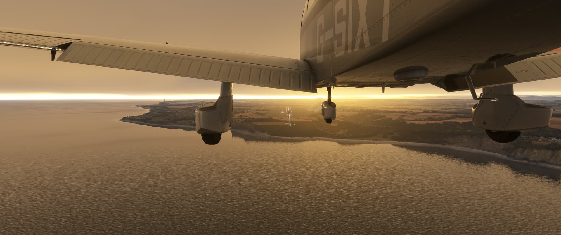 A general aviation aircraft with flaps set approaches a runway with overcast clouds above
