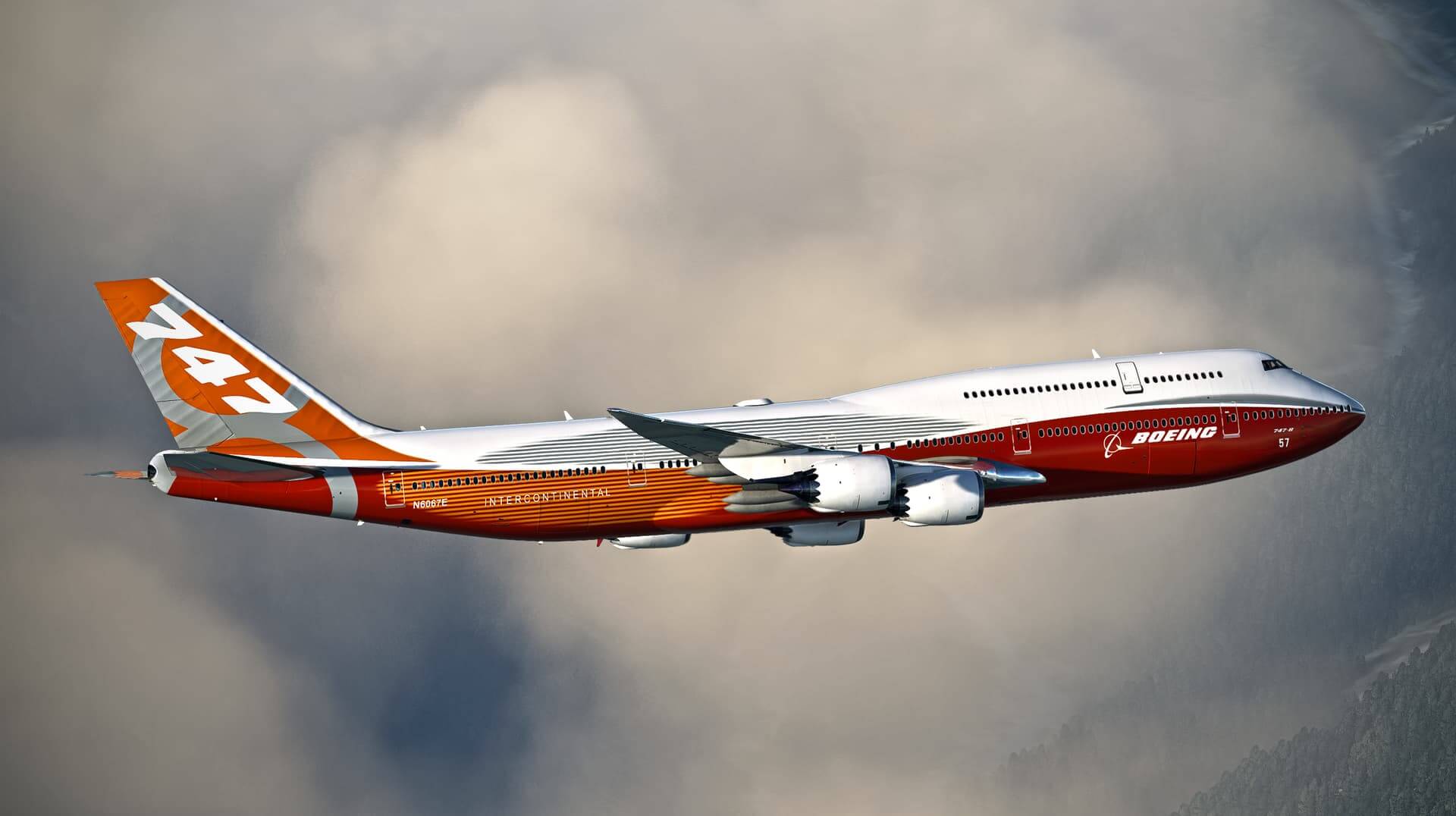 A Boeing 747-8 banks heavily to the left with clouds and a forest in view below