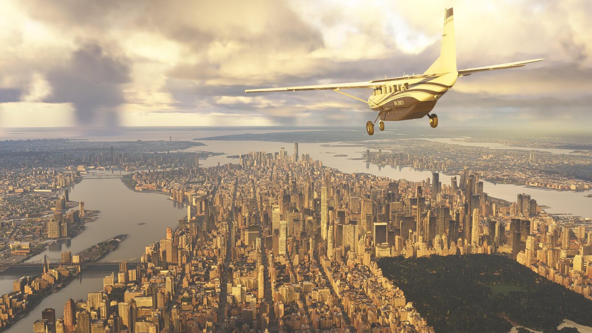 A Cessna Caravan flying over New York city