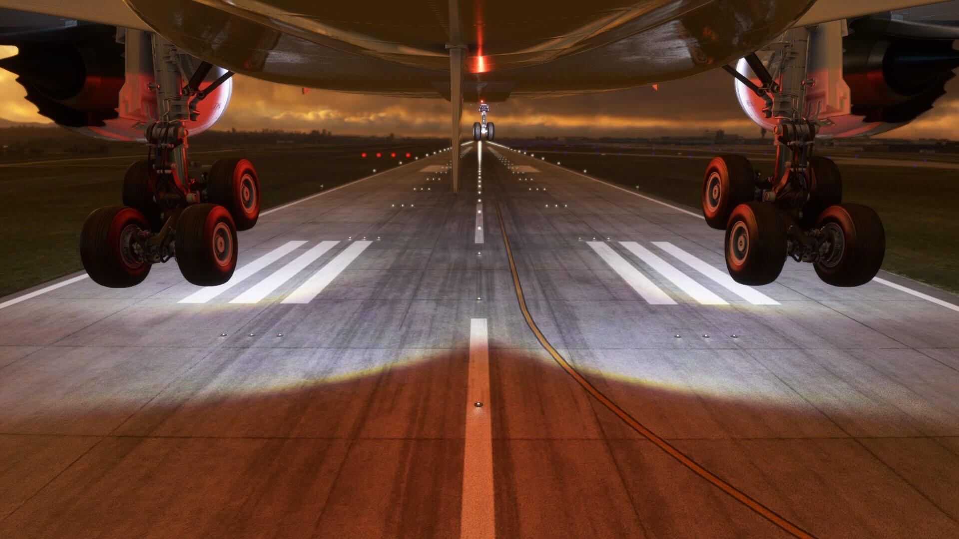 An airliner flares for touchdown on a runway during sunset