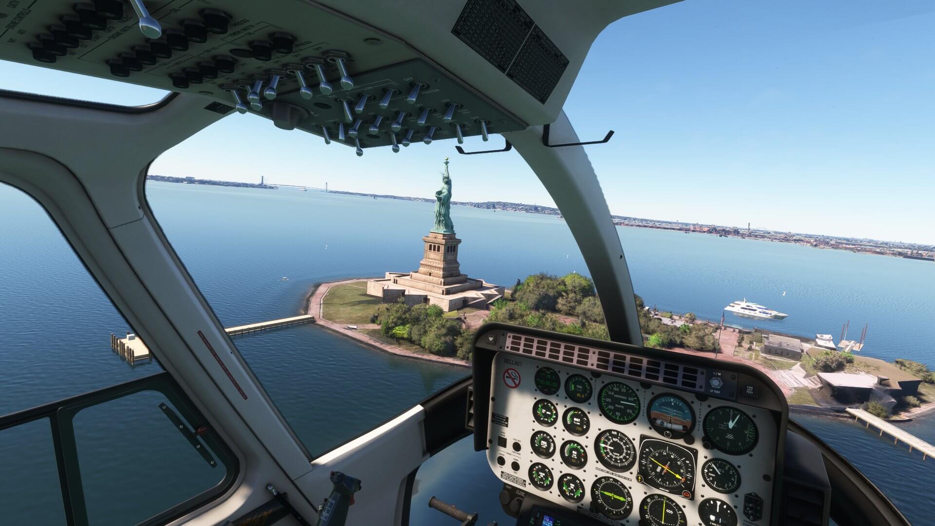 A helicopter hovers near the Statue of Liberty, New York