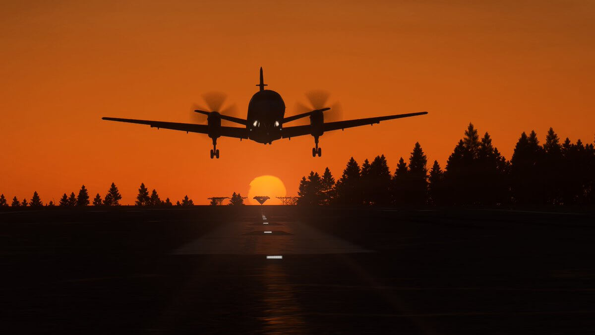 A dual propeller aircraft taking off whilst silhouetted with the sun shining in the horizon