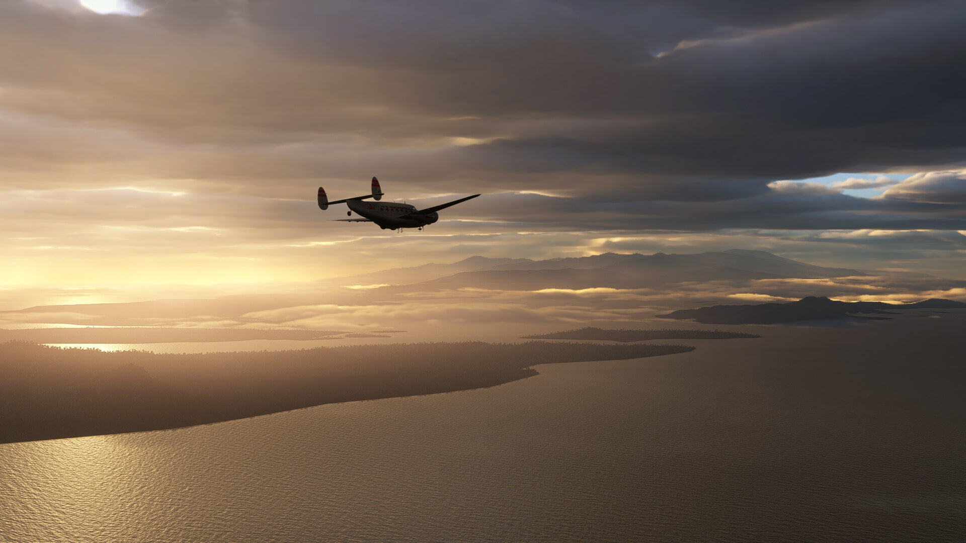 A low wing prop airliner flies along a coastline with heavy clouds above