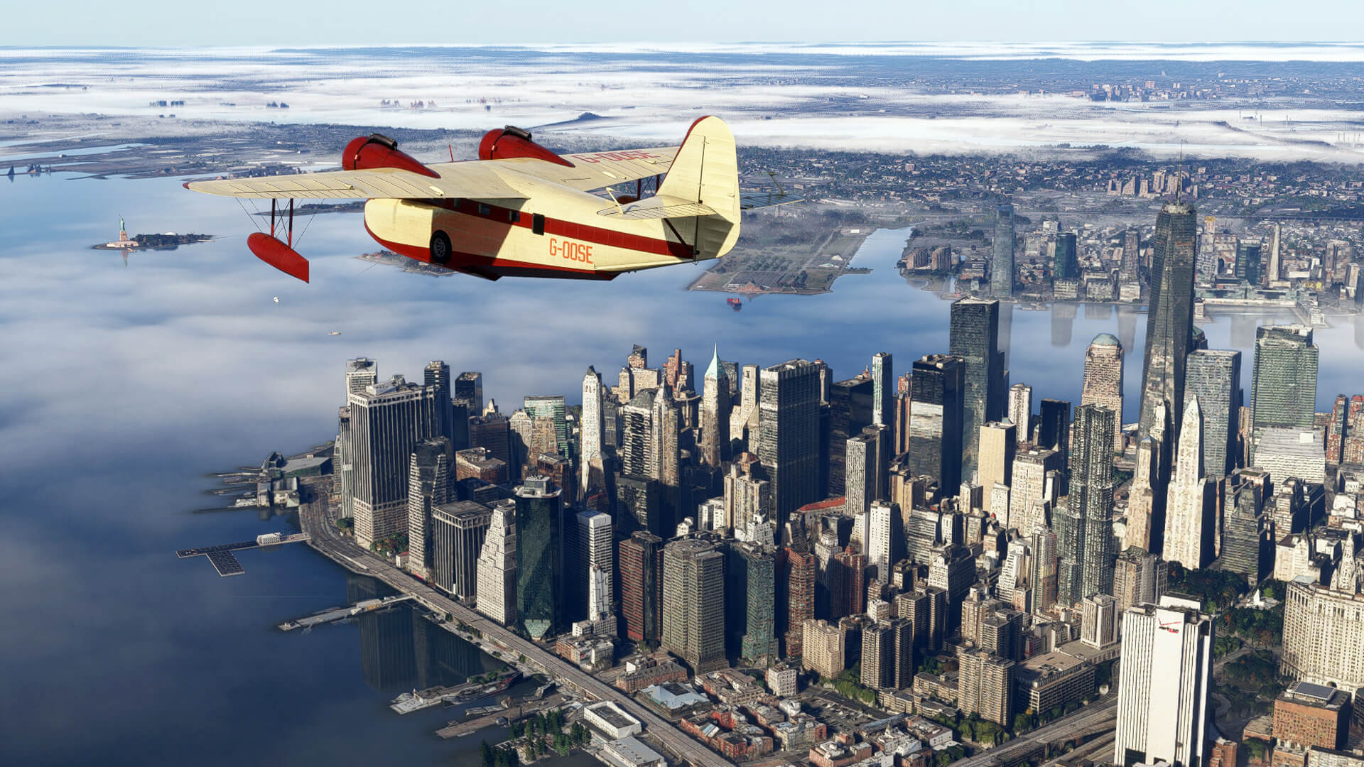The Spruce Goose flying over New York city