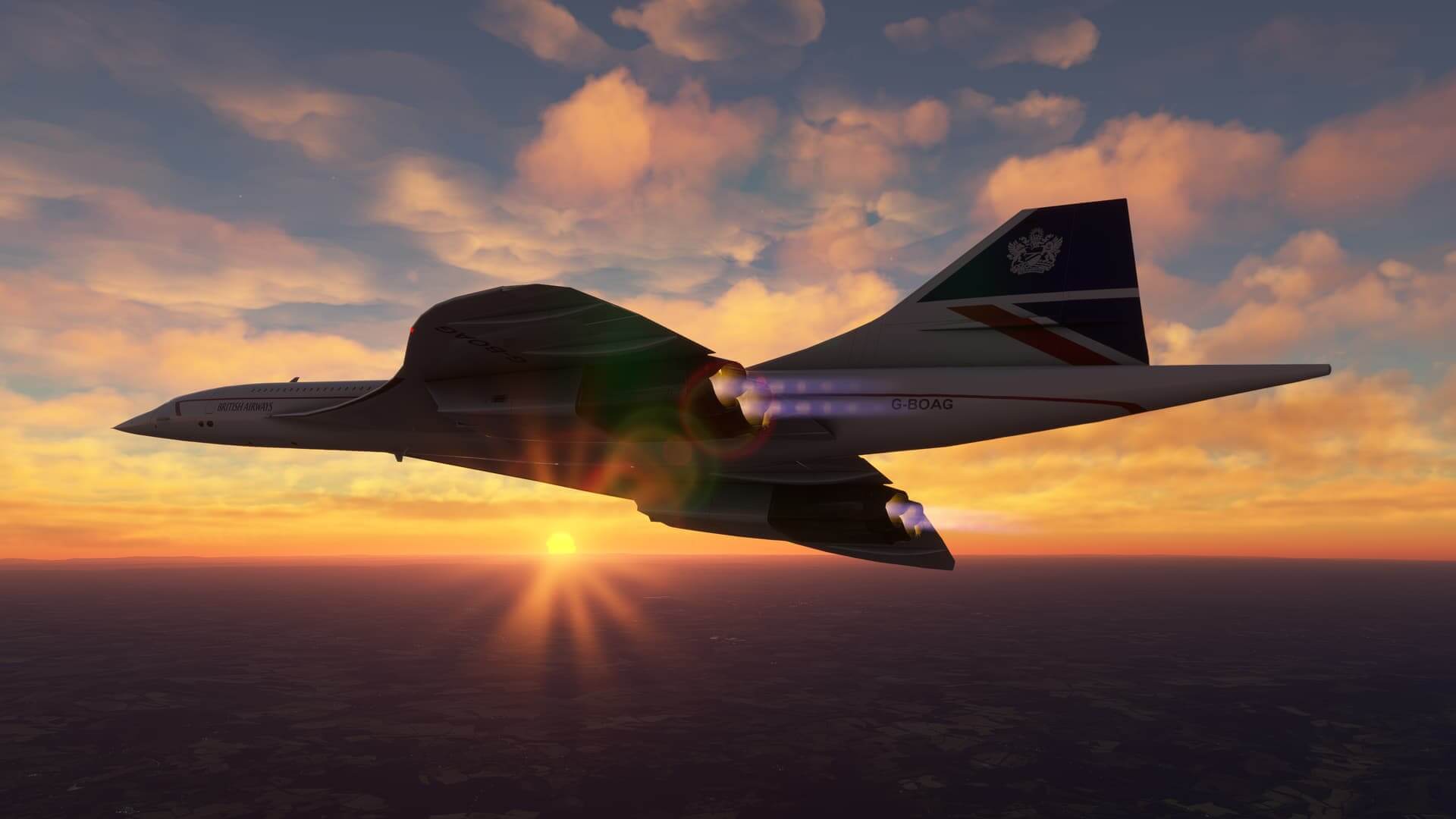 A British Airways Concorde banks left with afterburners engaged, with the sun setting on the horizon in the distance