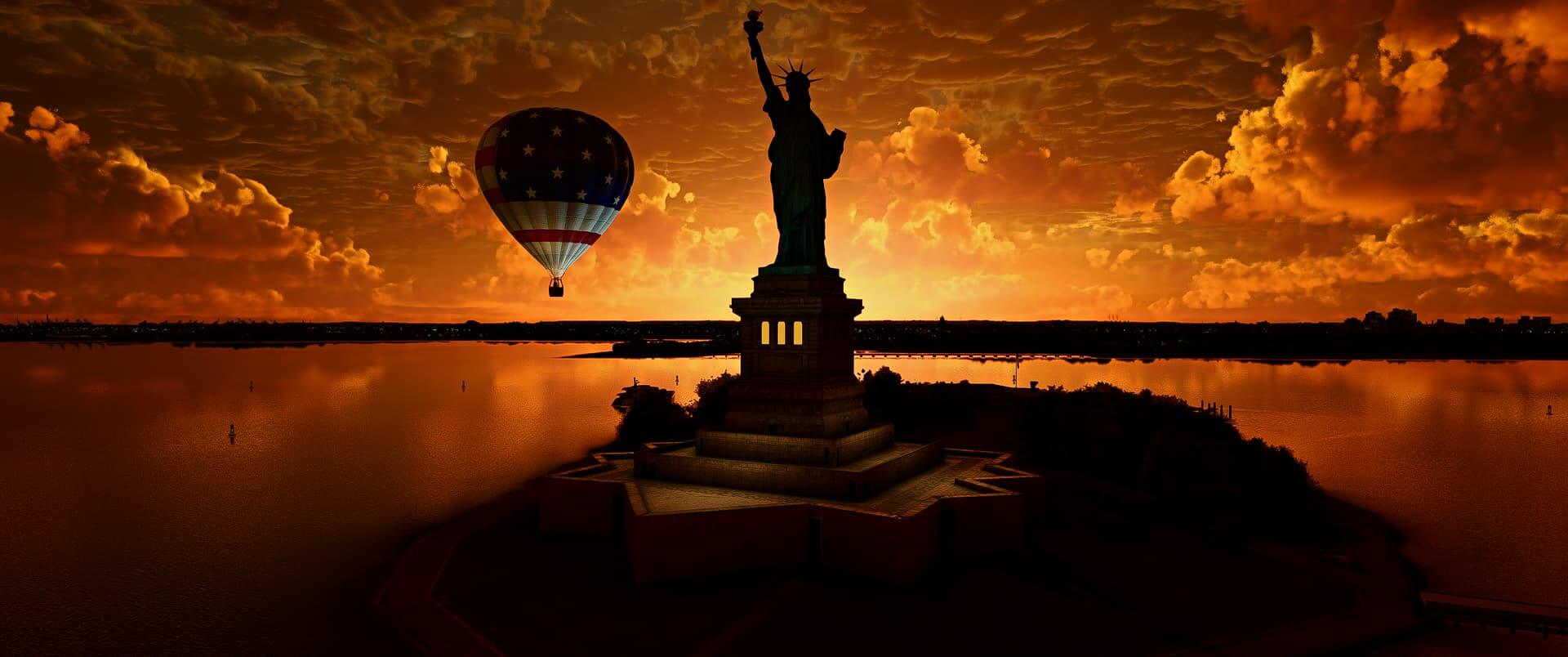 A USA flag themed hot air balloon flies new the Statue of Liberty, New York