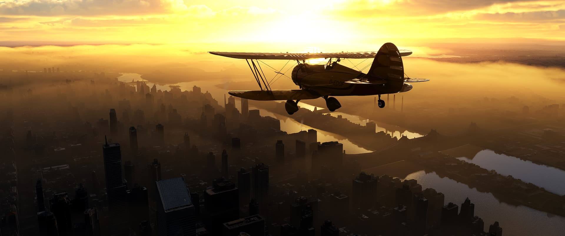 A dual wing propeller aircraft flies above a city with the sun shining through dense clouds