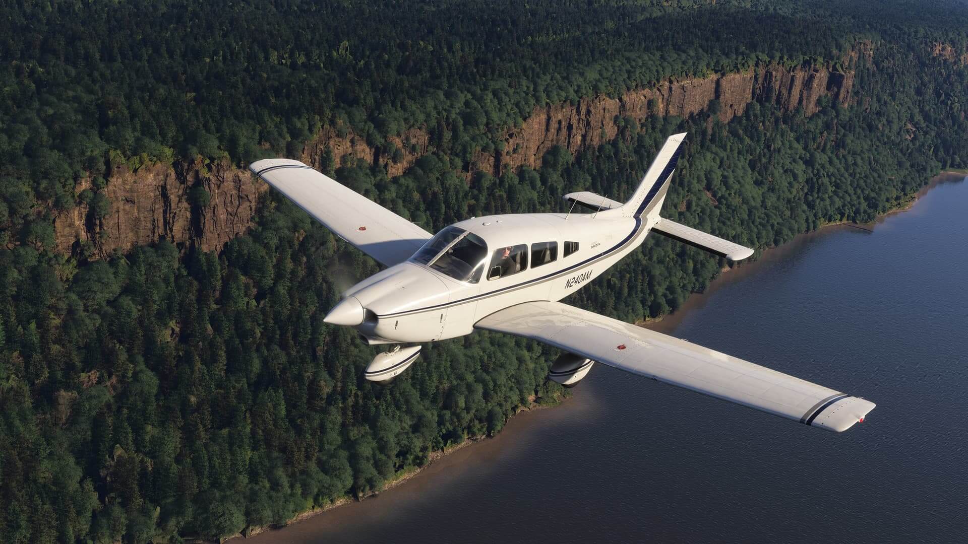 A Piper PA-28-236 Dakota flies along a rocky coastline