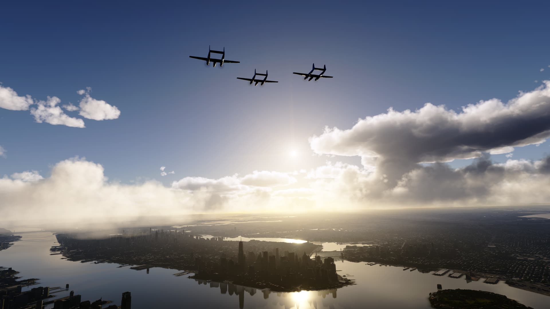 Three propeller aircraft fly in close formation over New York city