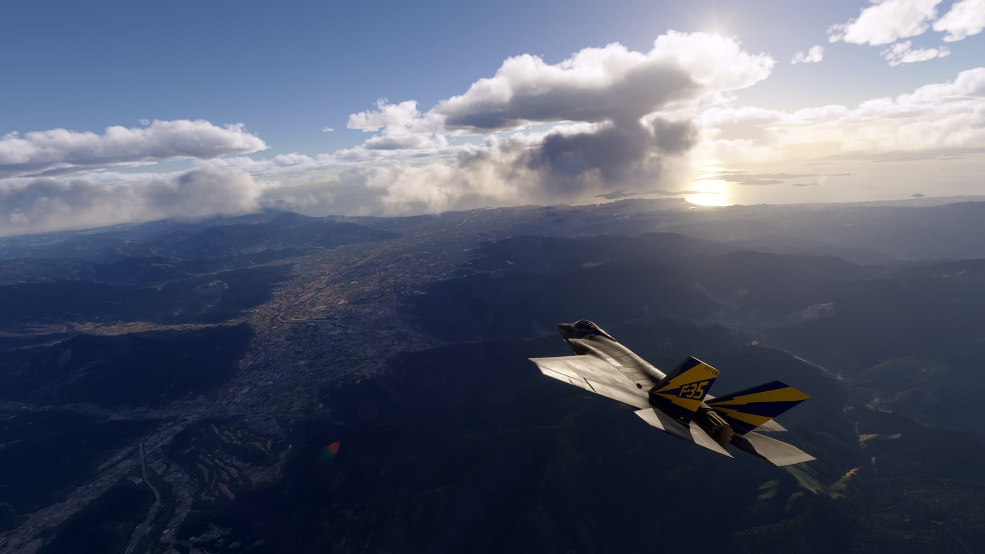 An F-35 Lightning banks right whilst flying over a city