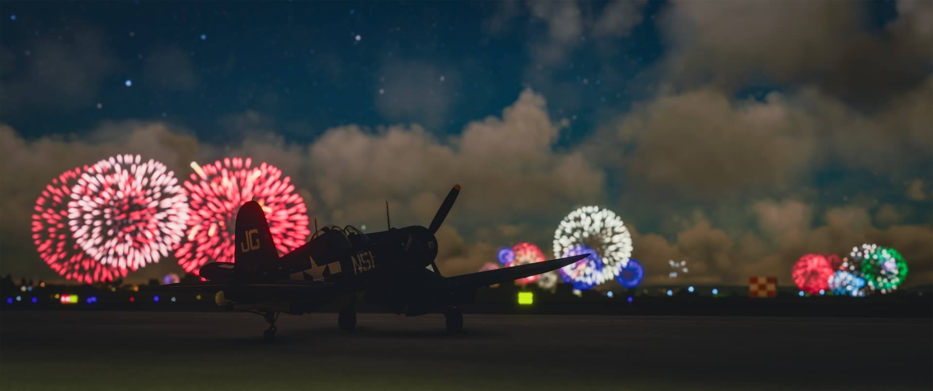 A propeller warbird aircraft sits idle on the ramp with fireworks in the distance