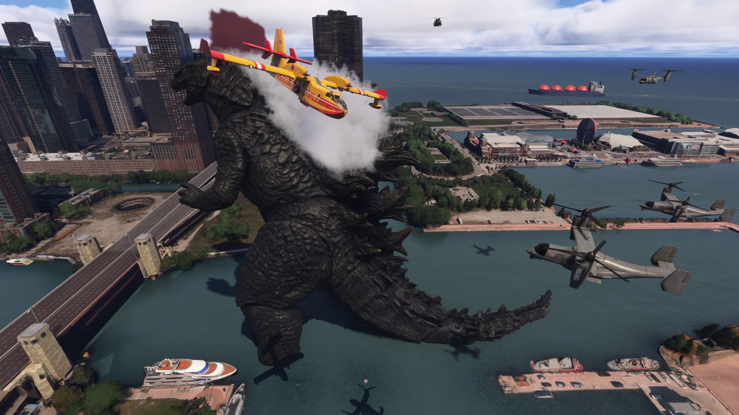 A CL-415 and numerous other aircraft surround Godzilla on the edge of a high rise city