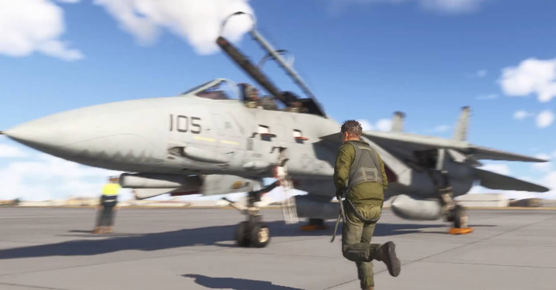 A fighter pilot runs towards their F/A-18 Hornet aircraft for a quick start