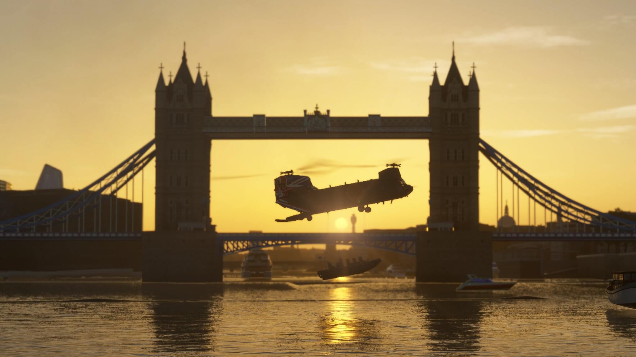 A chinook drops a boat from the rear ramp, whilst hovering during golden hour near Tower Bridge, London