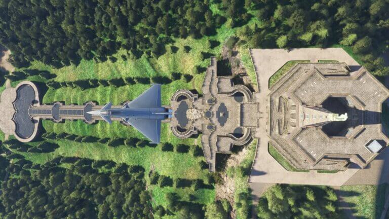 A military jet flies directly over a monument