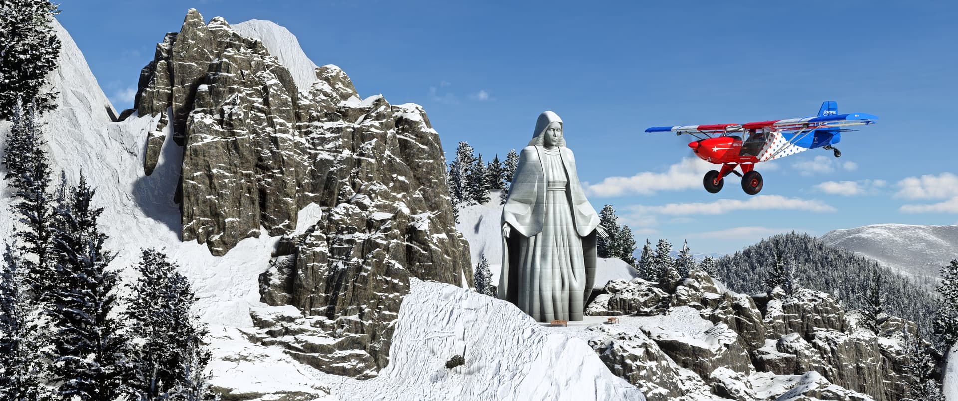 A bush plane flies near a statue monument in the mountains.