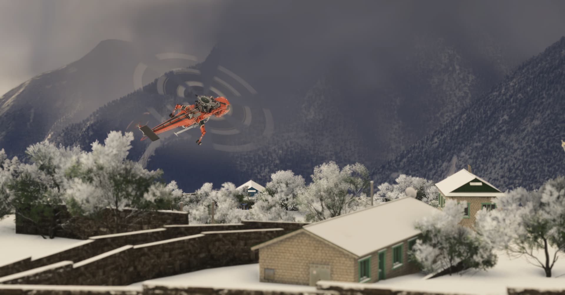 A Sikorsky orange helicopter sharply banks to the right in a snowy valley