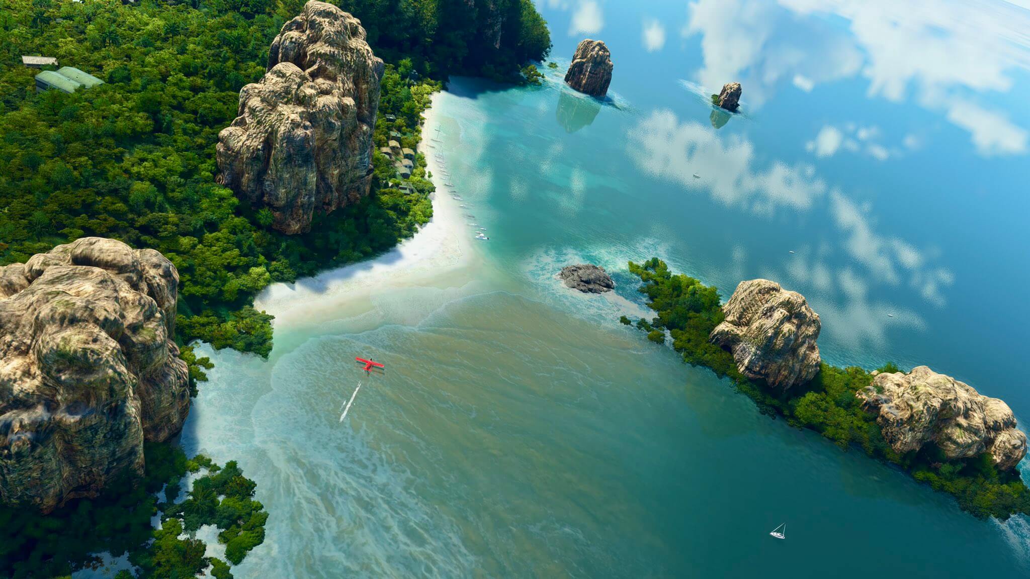 A tropical paradise scene with an amphibious aircraft preparing for takeoff from the water.