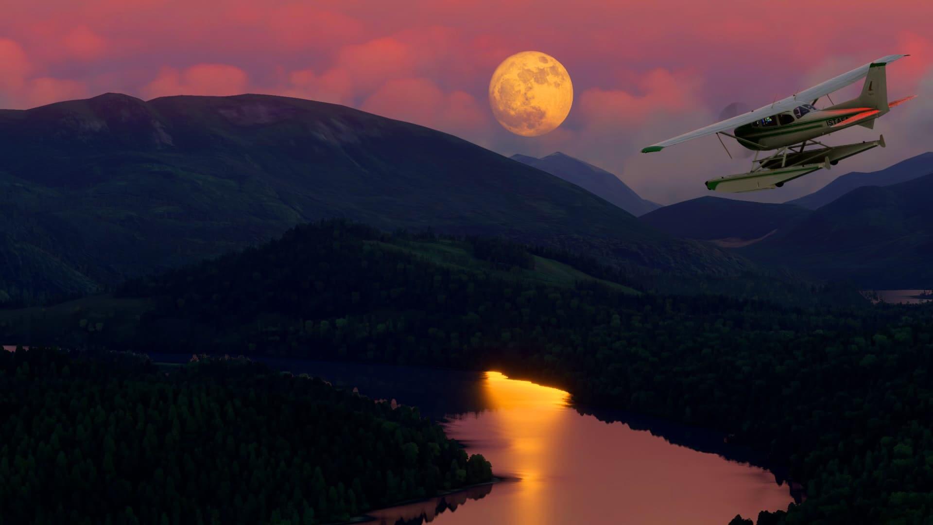 A Cessna 172 flies over a river, with the moon illuminating the sky in the distance