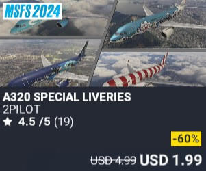 A320 SPECIAL LIVERIES by 2PILOT. USD $4.99 (on sale for 1.99)