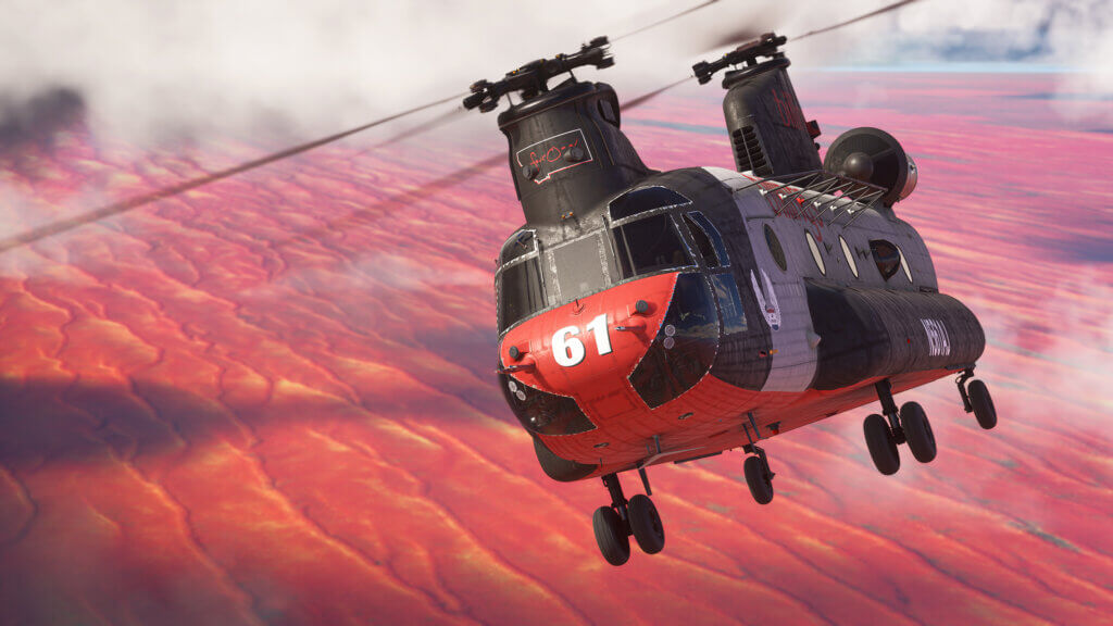 A helicopter with red sand in the background