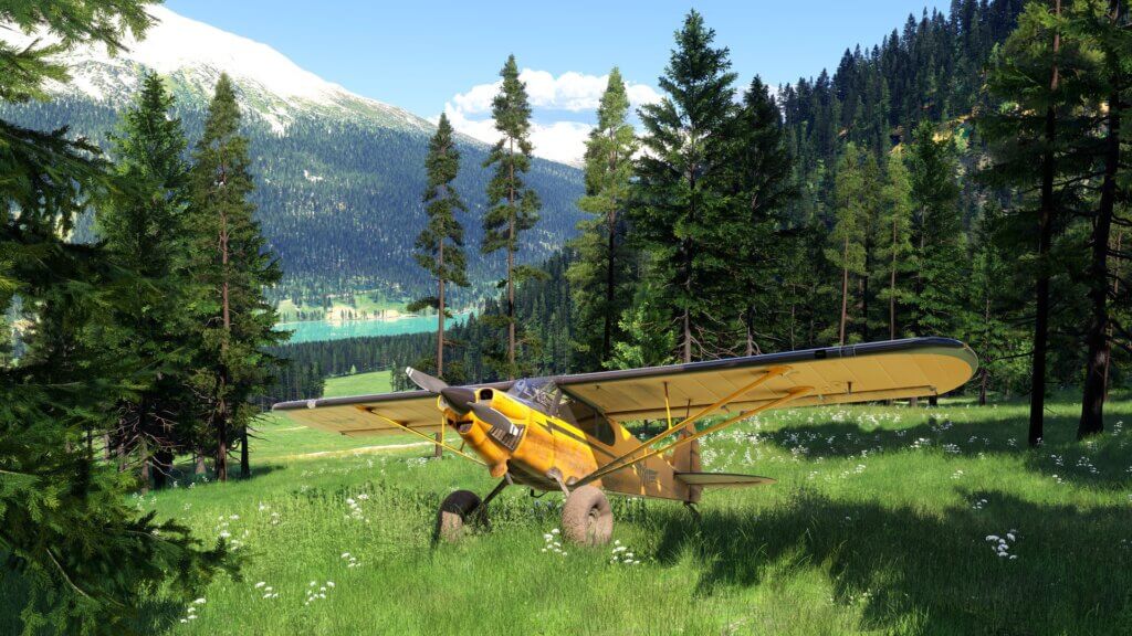 A yellow bush plane sitting in a meadow with a lake and mountain behind it
