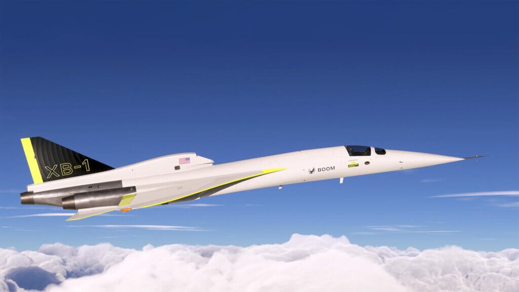 Boom aircraft flying through the sky