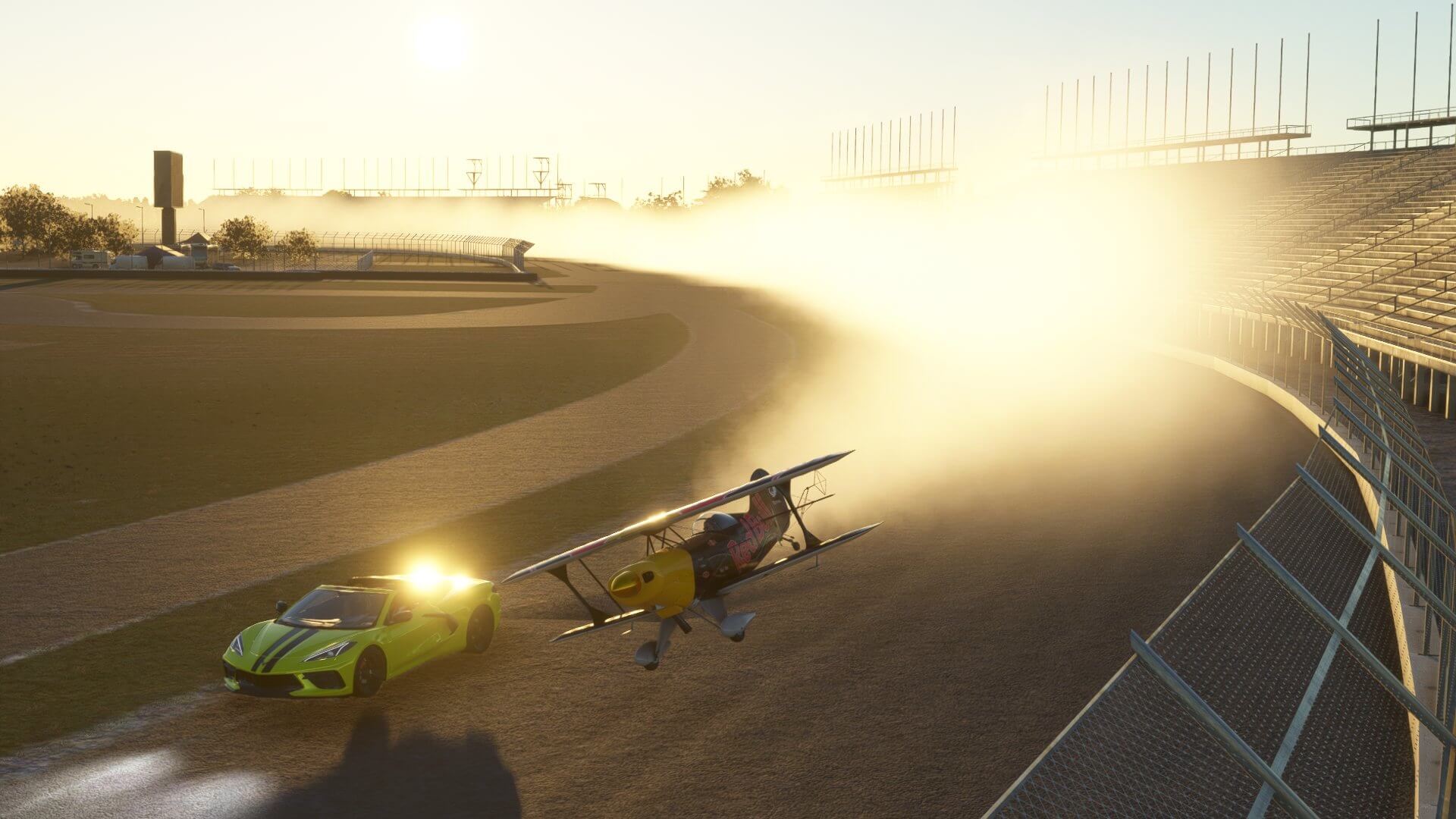 A dual wing propeller aircraft races against a sports car around a track