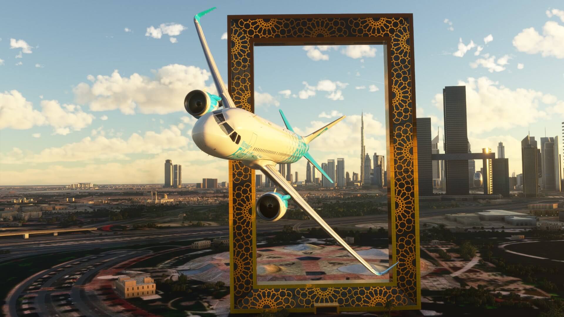 An Airbus A320 NEO banks left whilst flying through the cityscape of Dubai