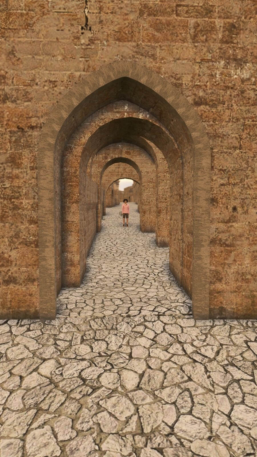 A person in pink shirt looks through archways inside a historical monument