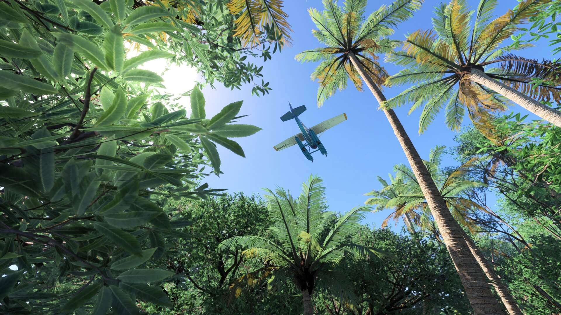 A high wing propeller aircraft flies directly above a densely populated forest