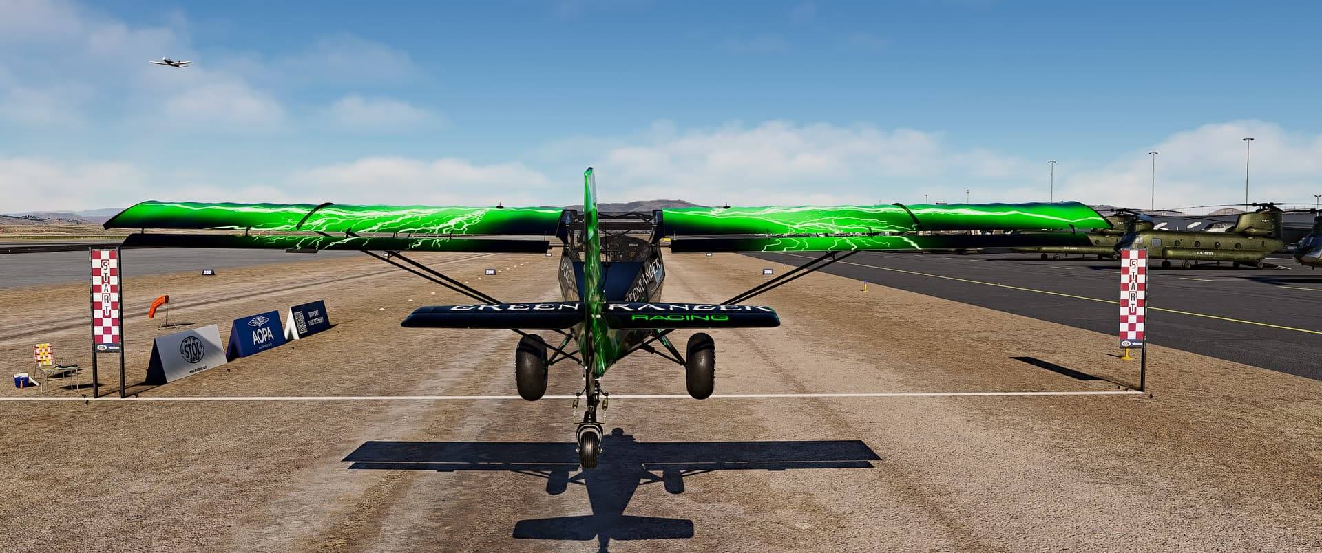 An eStol aircraft passes the start line whilst completing a timed race