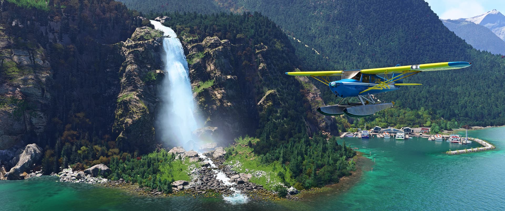 A high-wing blue and yellow propeller aircraft flies past Milford Sound waterfall in New Zealand