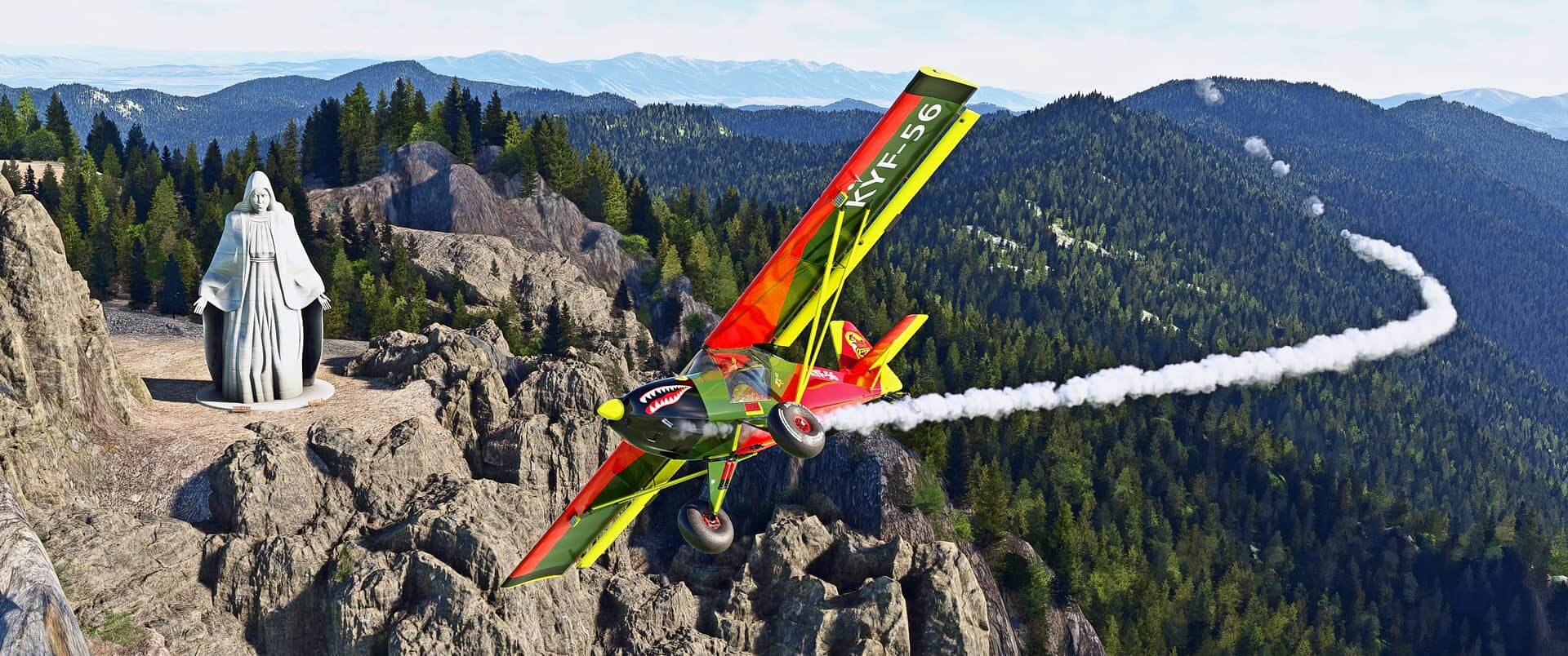 A high wing propeller aircraft in bright red, green and yellow paint, with smoke trailing, makes an aggressive right hand turn over terrain