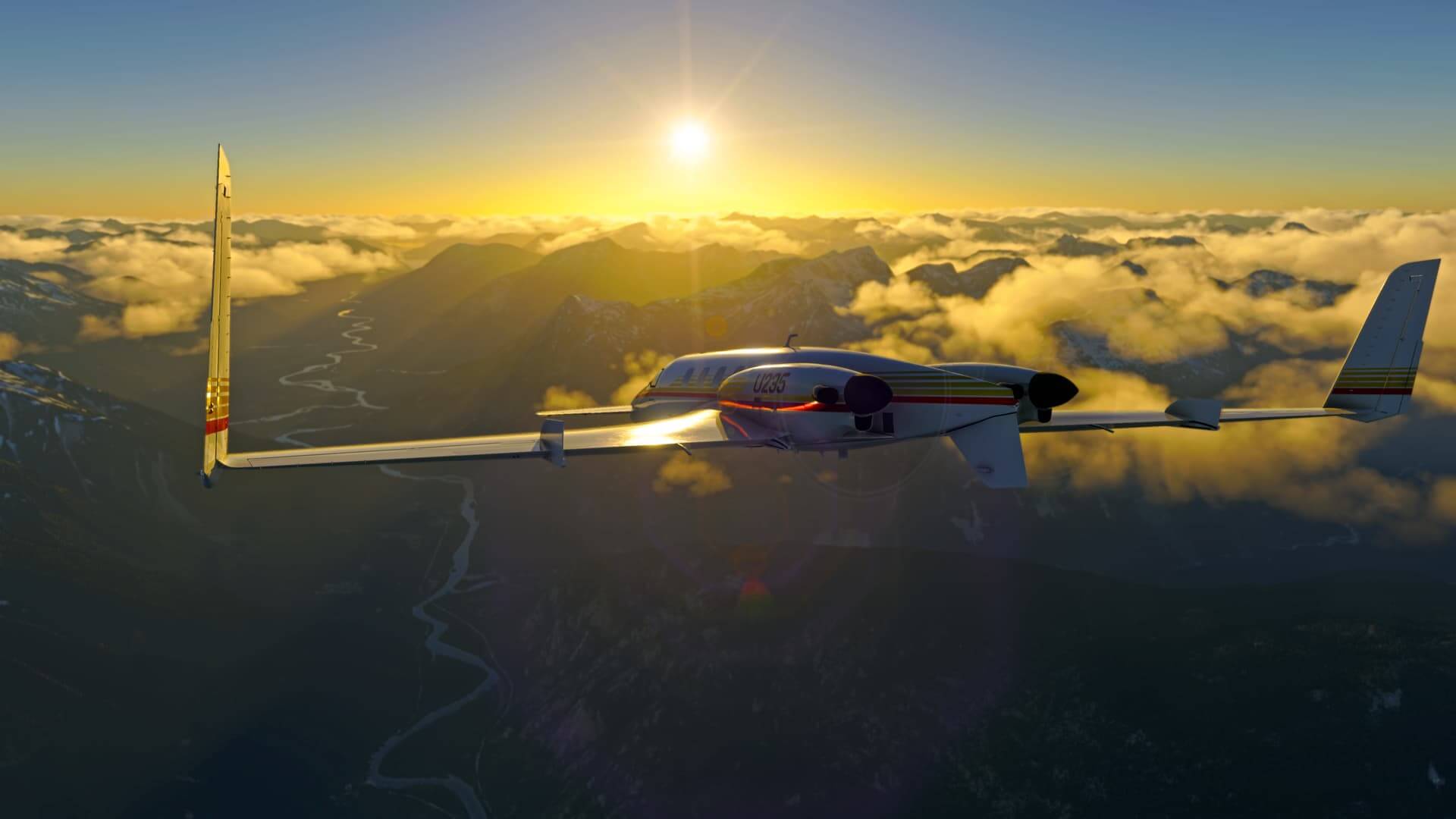 A Starship aircraft begins its descent into a valley during sunset