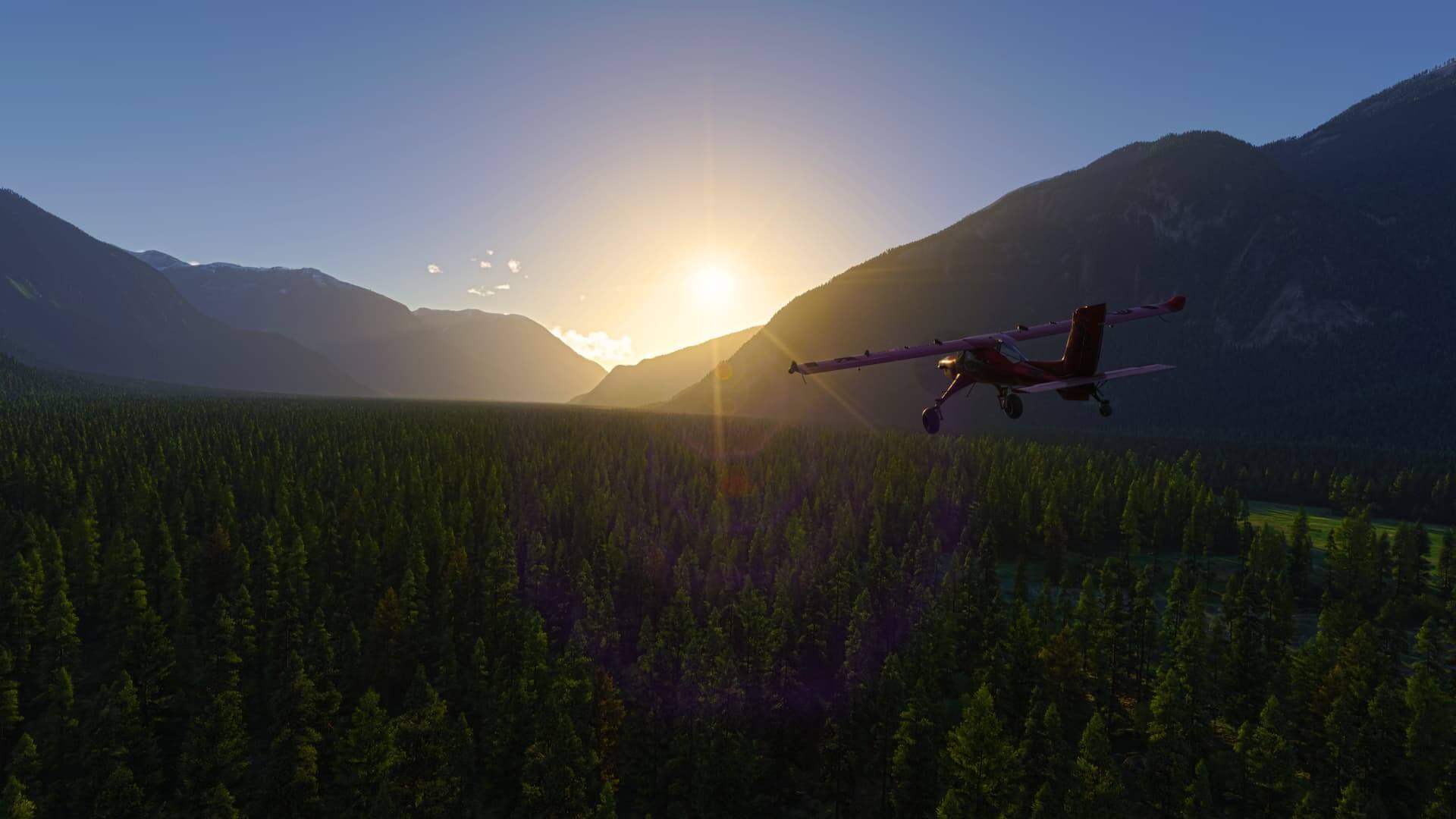 A Draco X cruises low whilst flying through a valley, with the sun shining in the distance