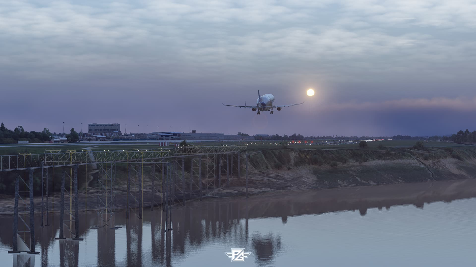 An Airbus Beluga XL on final approach to land with the sun shining in the distance