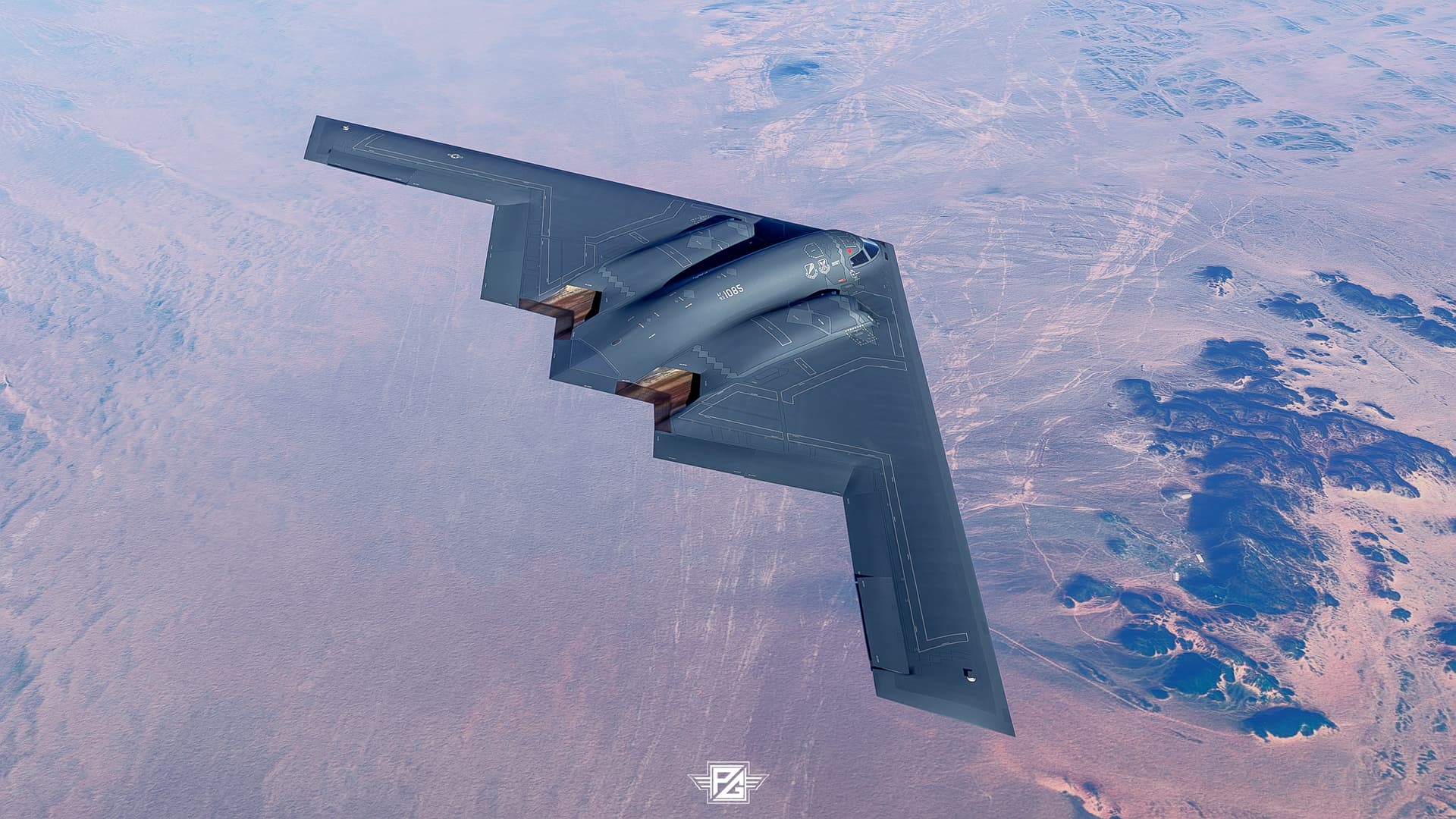 A B2 Bomber cruises high over a desert