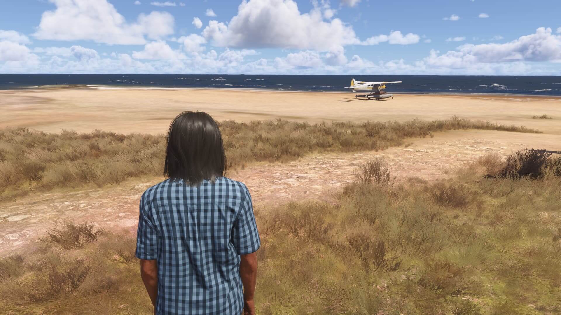 A pilot in blue chequered shirt looks out towards a beach, with a yellow and white high wing propeller aircraft sitting idle on the sand