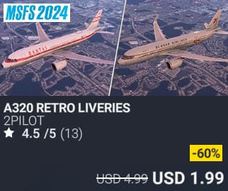 A320 RETRO LIVERIES by 2PILOT. USD $4.99 (on sale for 1.99)