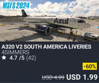 A320 v2 South America Liveries by 4simmers. USD $4.99 (on sale for 1.99)