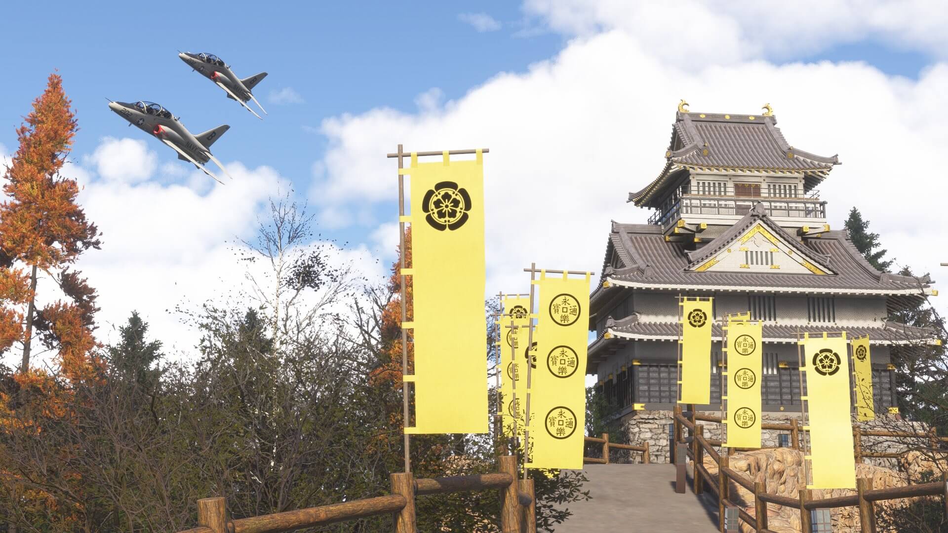 Two fighter jets fly in close formation flying over a Japanese historic building