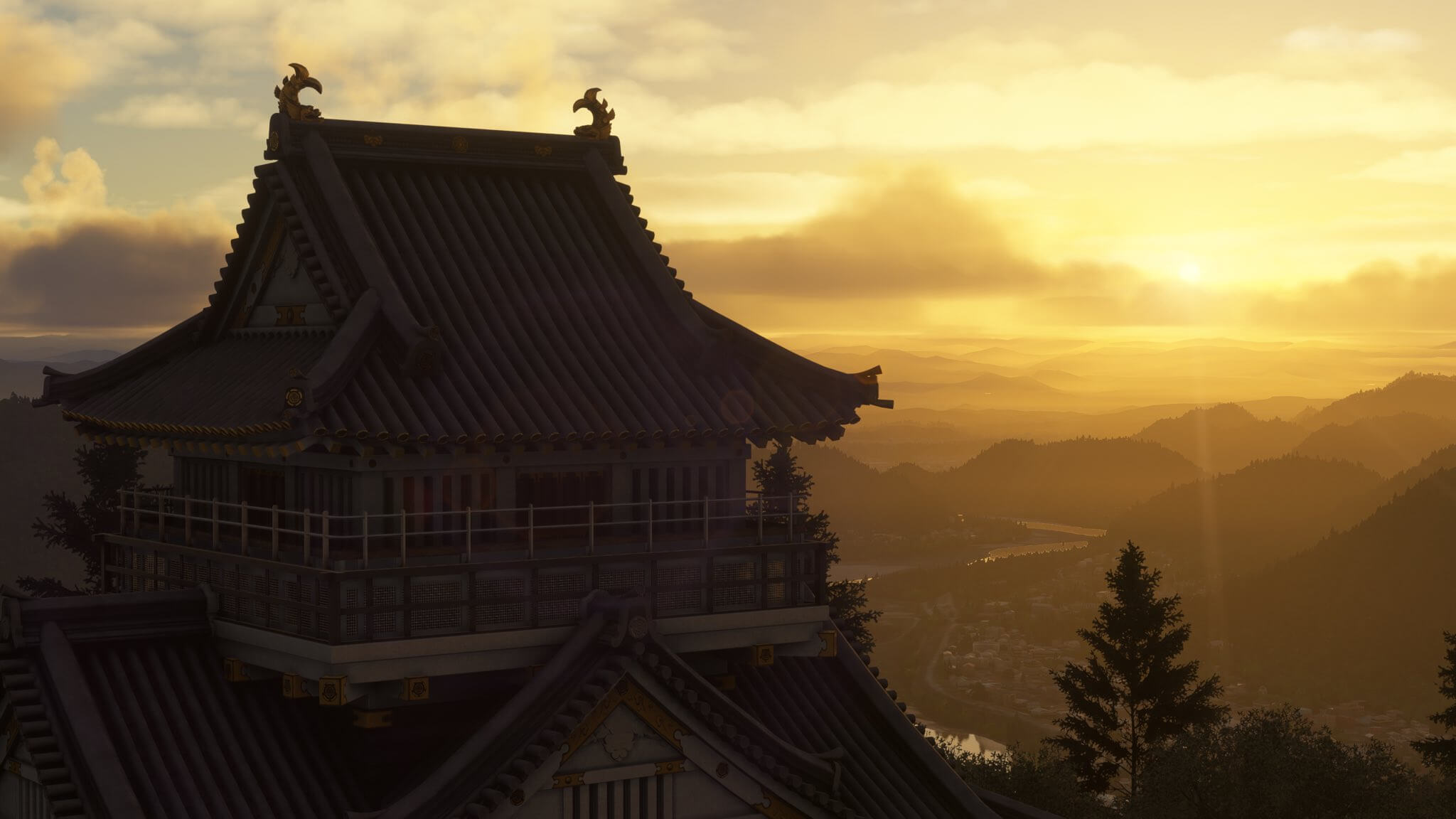 A sunset view over Japan's landscape with a historic building in the foreground
